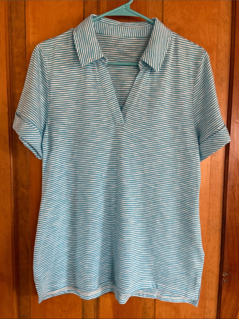 Talbots Aqua and White Striped Polo Collar V-Neck Top